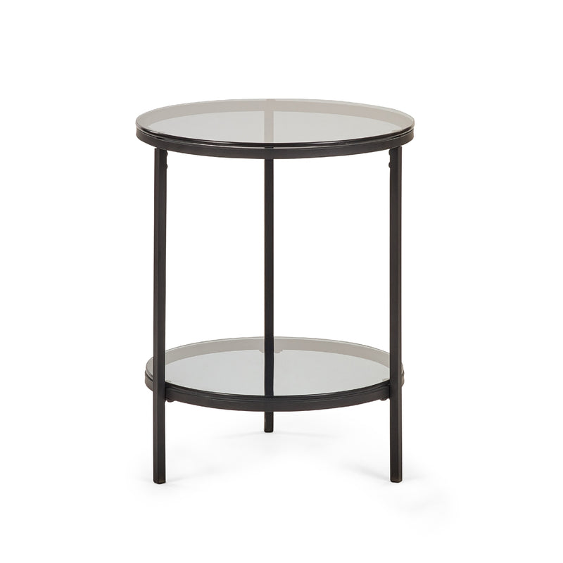 Round side table with glass top and black metal frame on a white background