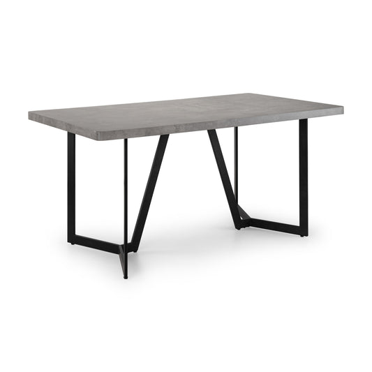 Rectangular table with concrete-like top and black metal legs on a white background