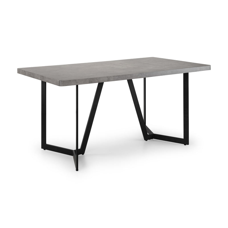 Rectangular table with concrete-like top and black metal legs on a white background