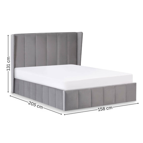Gray upholstered bed with dimensions on a white background