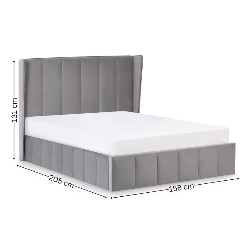 Gray upholstered bed with dimensions on a white background