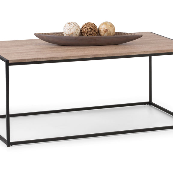 Coffee table with a wooden top and black metal frame on a white background