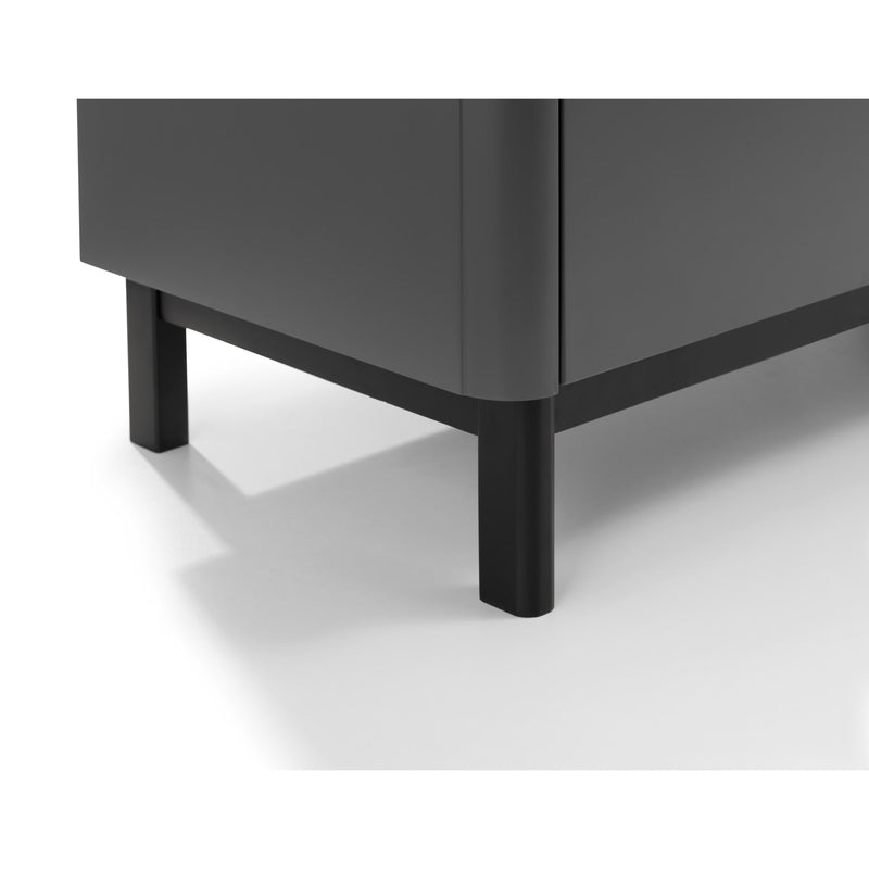 Close-up of a black metal bed frame corner on a white background