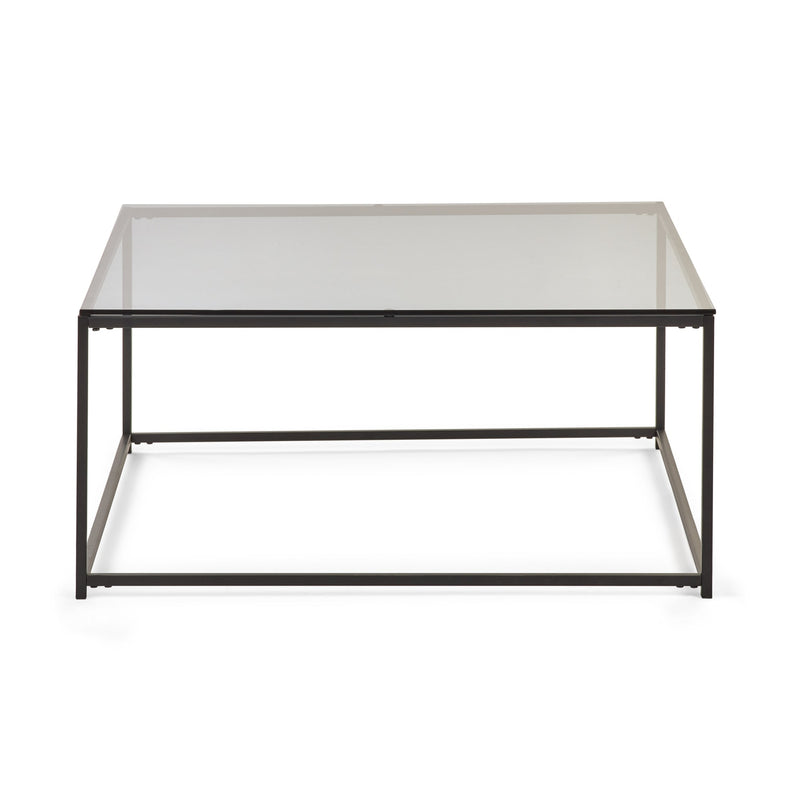 Square glass coffee table with black metal frame on a white background