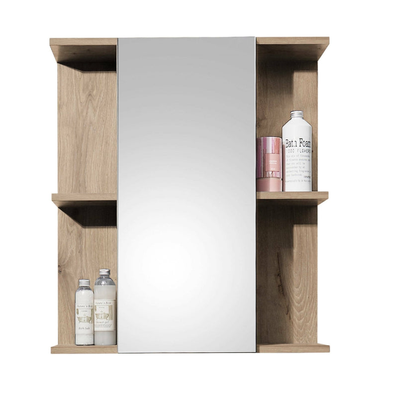 Bathroom cabinet with mirror and shelves containing skincare products on a white background