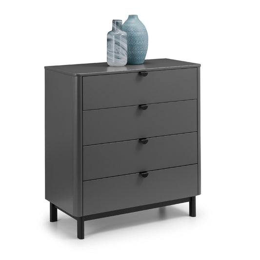Gray dresser with three drawers on a white background