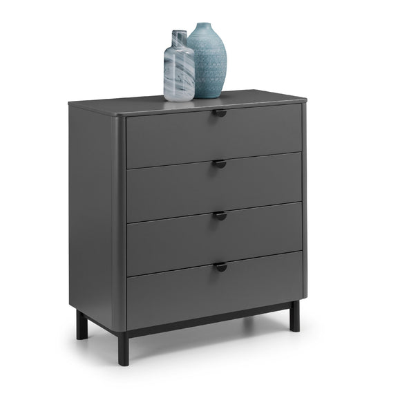 Gray dresser with three drawers on a white background