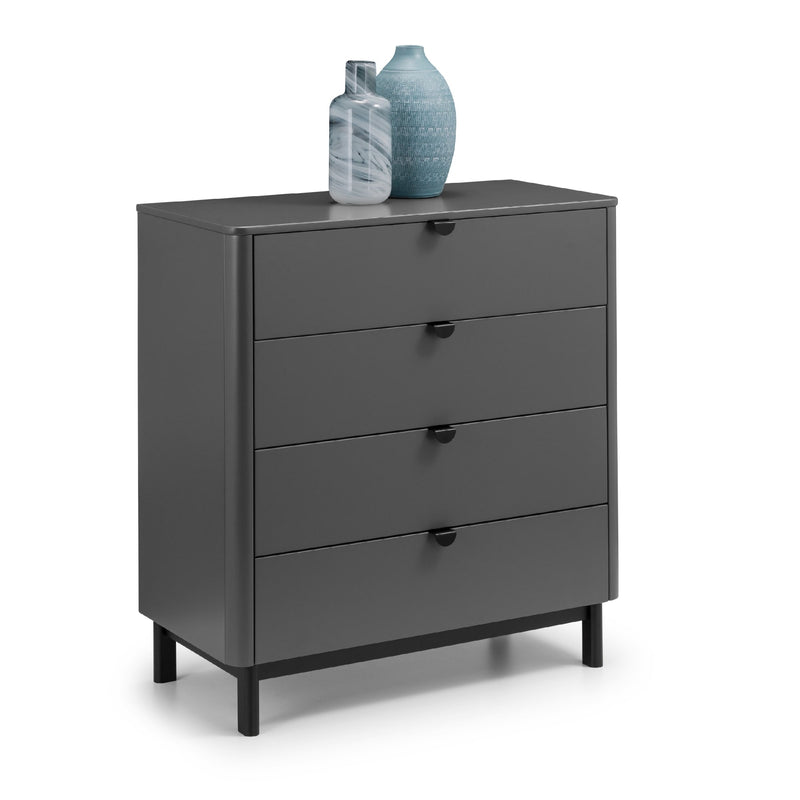 Gray dresser with three drawers on a white background