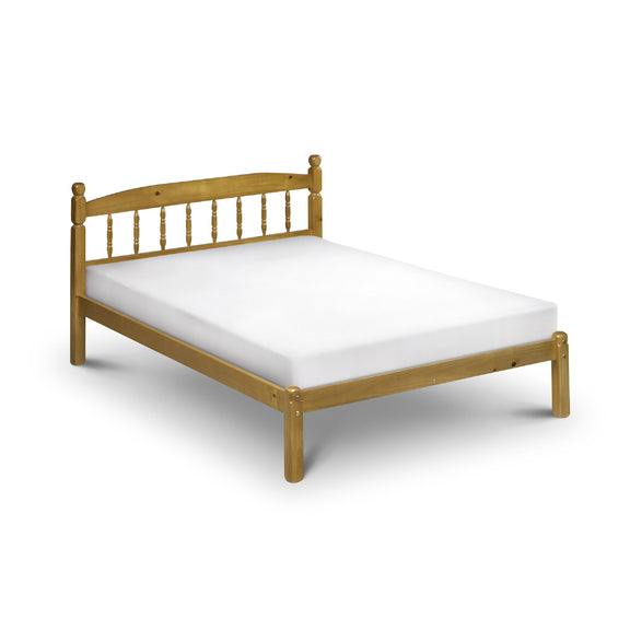 Wooden bed frame with white mattress on a white background