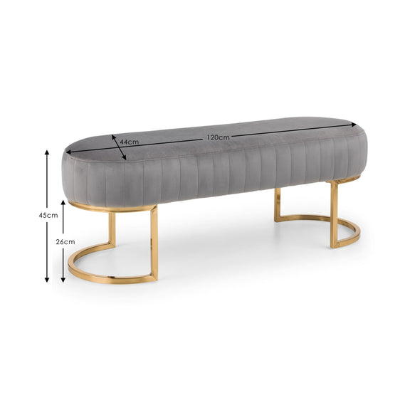 Gray upholstered bench with gold legs and dimensions on a white background