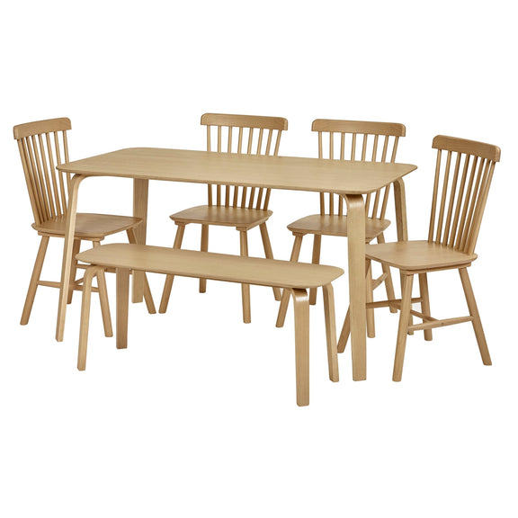 Beige dining table set with four chairs and a bench on a white background