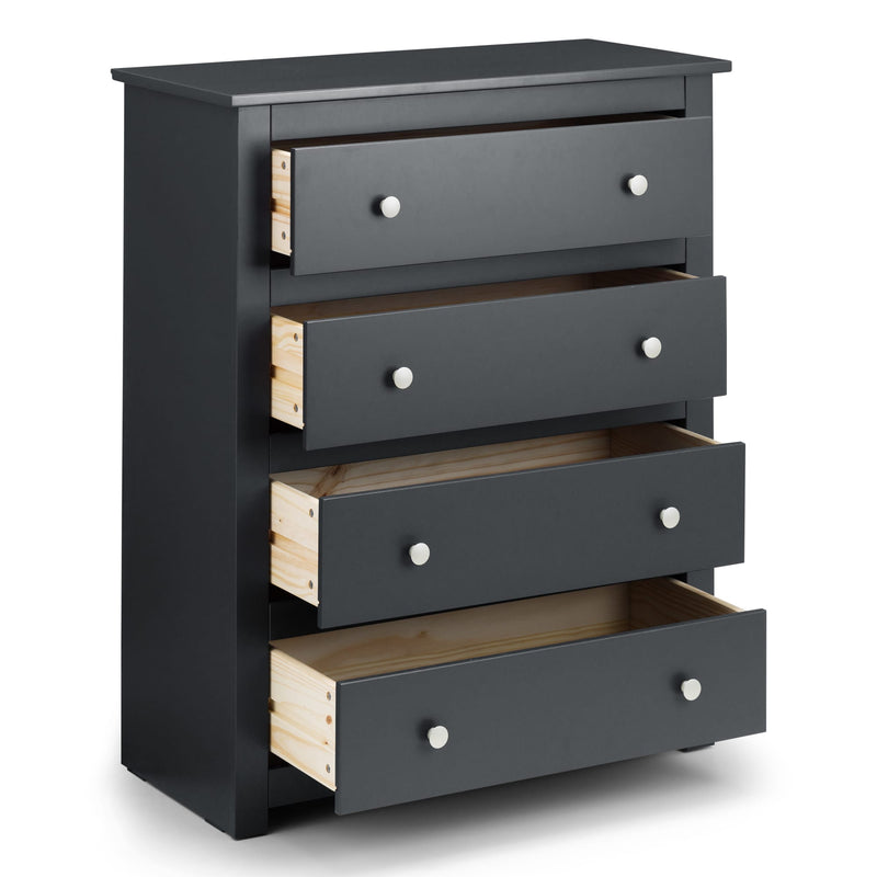 Dark gray dresser with four drawers on a white background