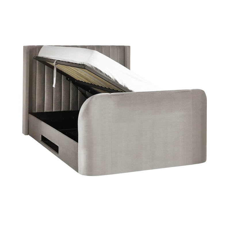 Gray bed with pull-out mechanism on a white background