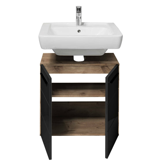 Bathroom vanity with wooden cabinet and white sink on a white background