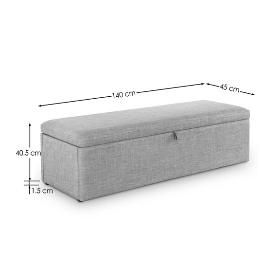 Gray storage bench with dimensions labeled on a white background