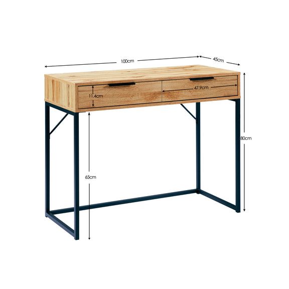Wooden desk with dimensions labeled on a white background