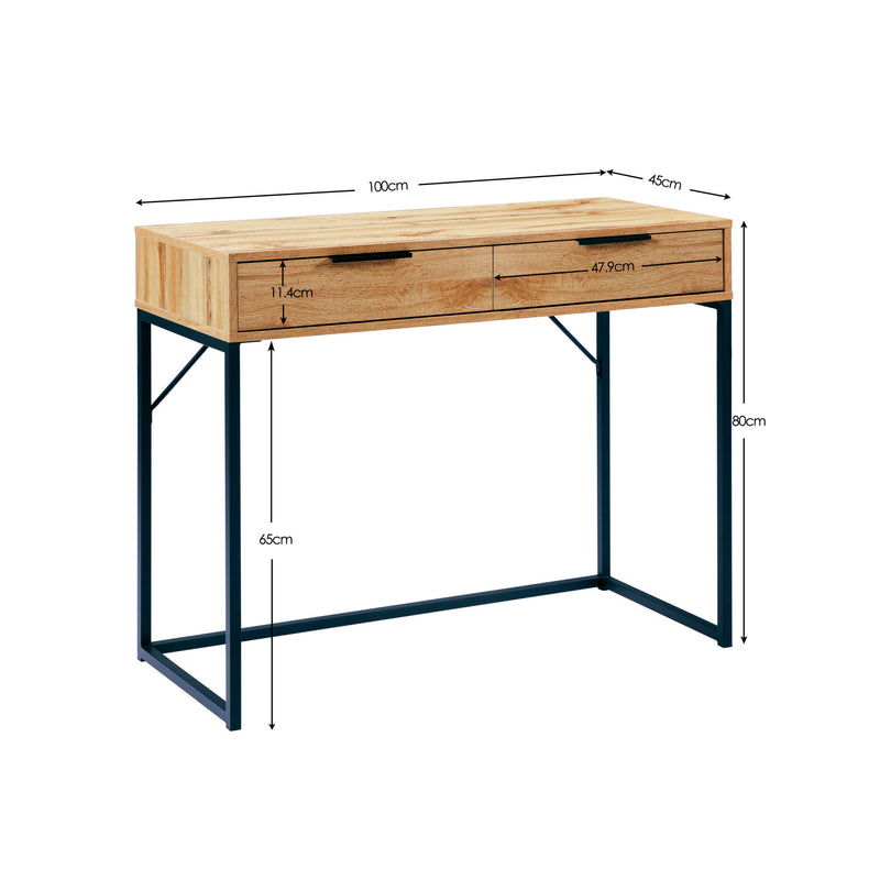 Wooden desk with dimensions labeled on a white background
