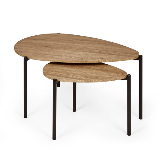 Set of two wooden tables with black metal legs on a white background