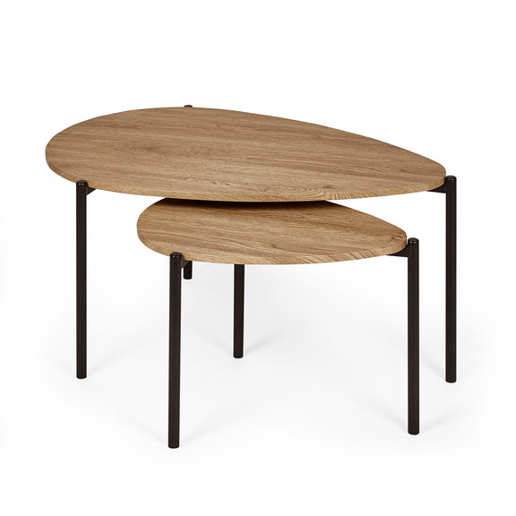 Set of two wooden tables with black metal legs on a white background