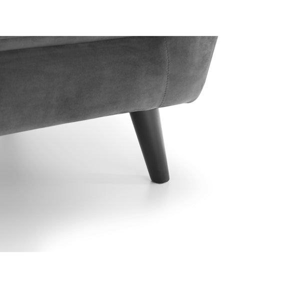 Gray upholstered chair with a black leg on a white background