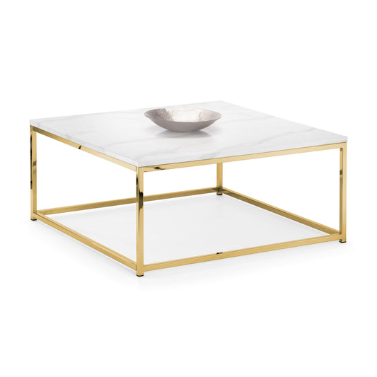 Square coffee table with gold frame and white marble top on a white background
