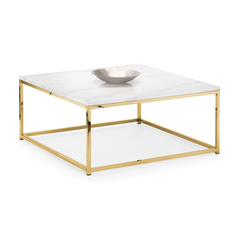 Square coffee table with gold frame and white marble top on a white background