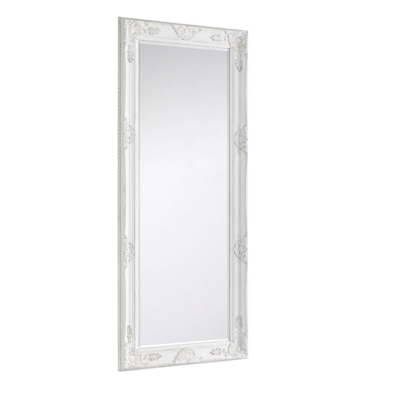 Rectangular mirror with decorative white frame on a white background