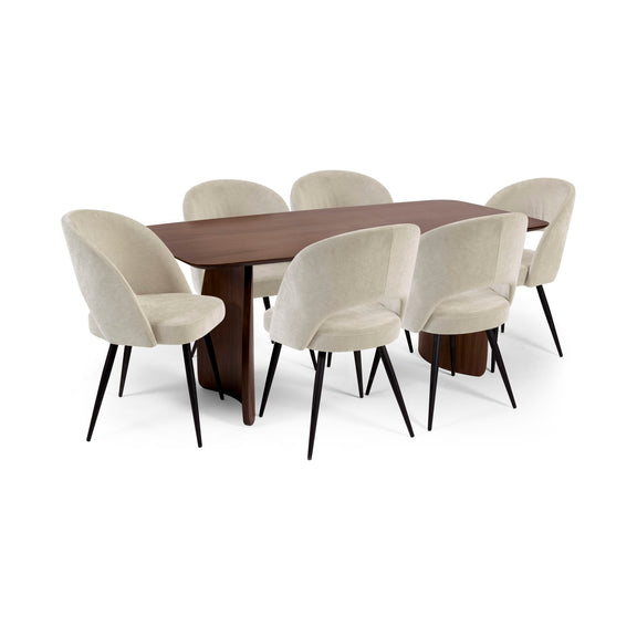 Dining table set with six beige chairs on a white background