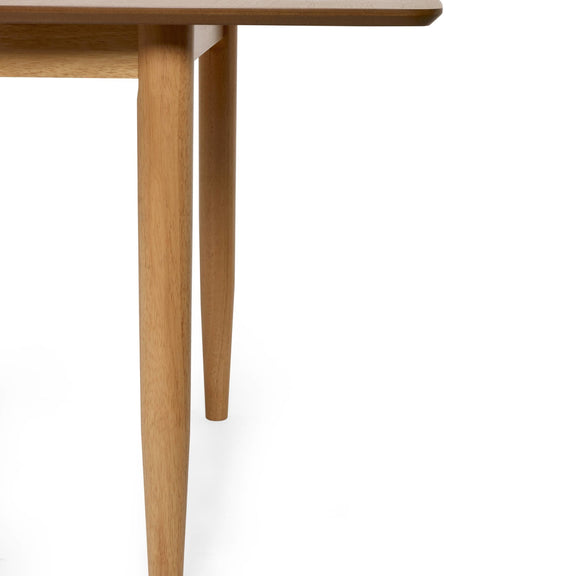 Close-up of a wooden table leg on a white background