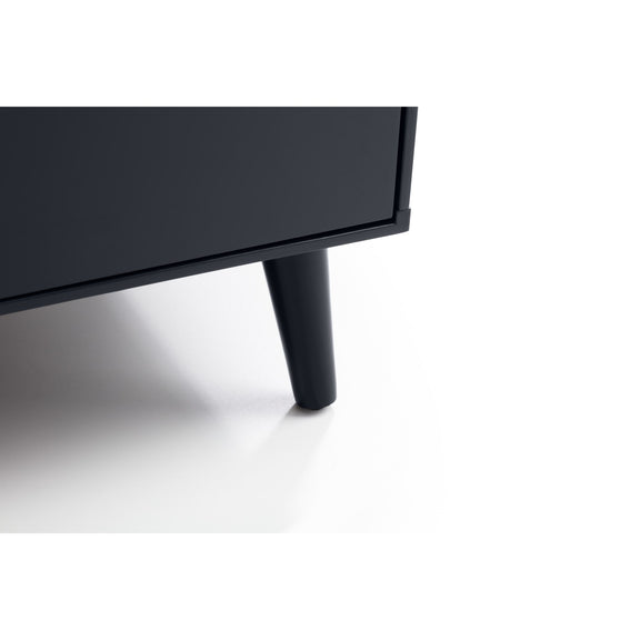 Black TV stand with a single leg on a white background