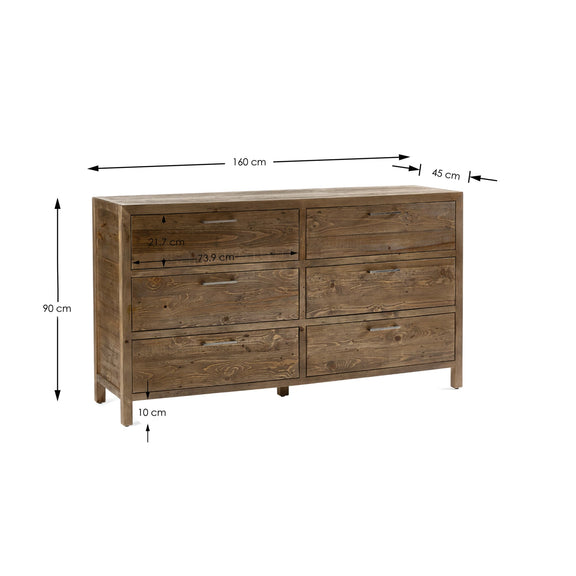 Wooden dresser with dimensions labeled on a white background