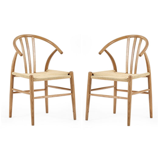 Two wooden chairs with woven seats on a white background