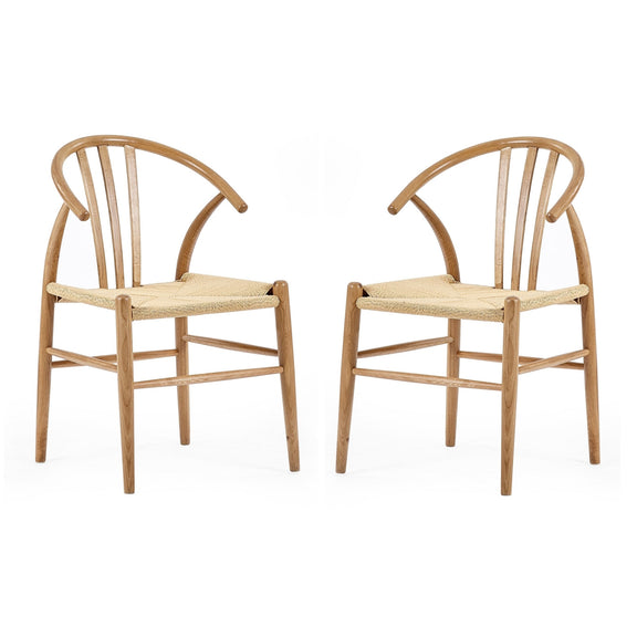 Two wooden chairs with woven seats on a white background