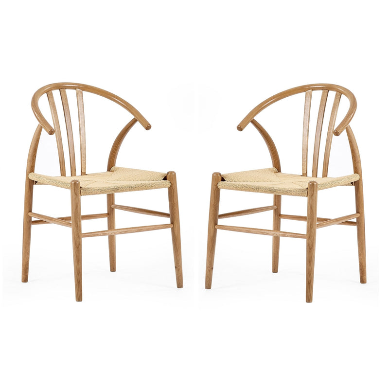 Two wooden chairs with woven seats on a white background