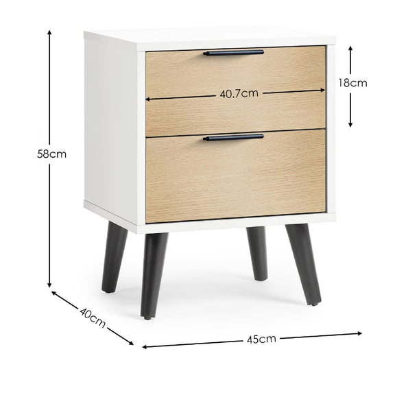White nightstand with wooden drawers and dimensions labeled