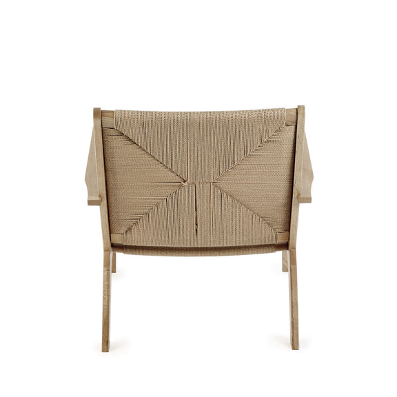Beige woven chair with a geometric pattern on a white background