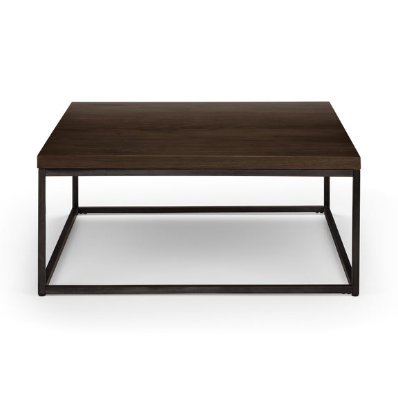 Square wooden coffee table with metal frame on a white background