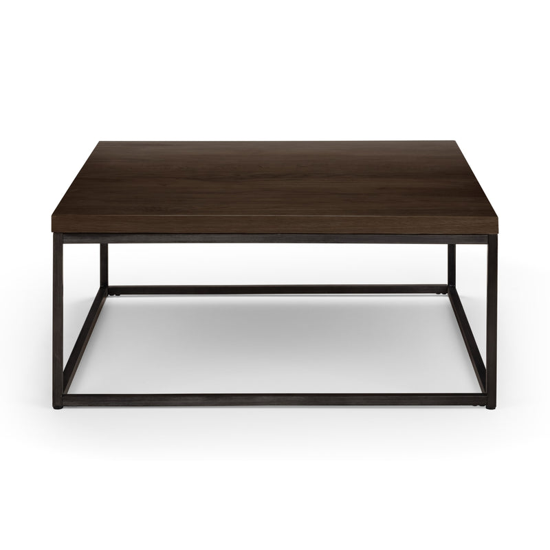 Square wooden coffee table with metal frame on a white background