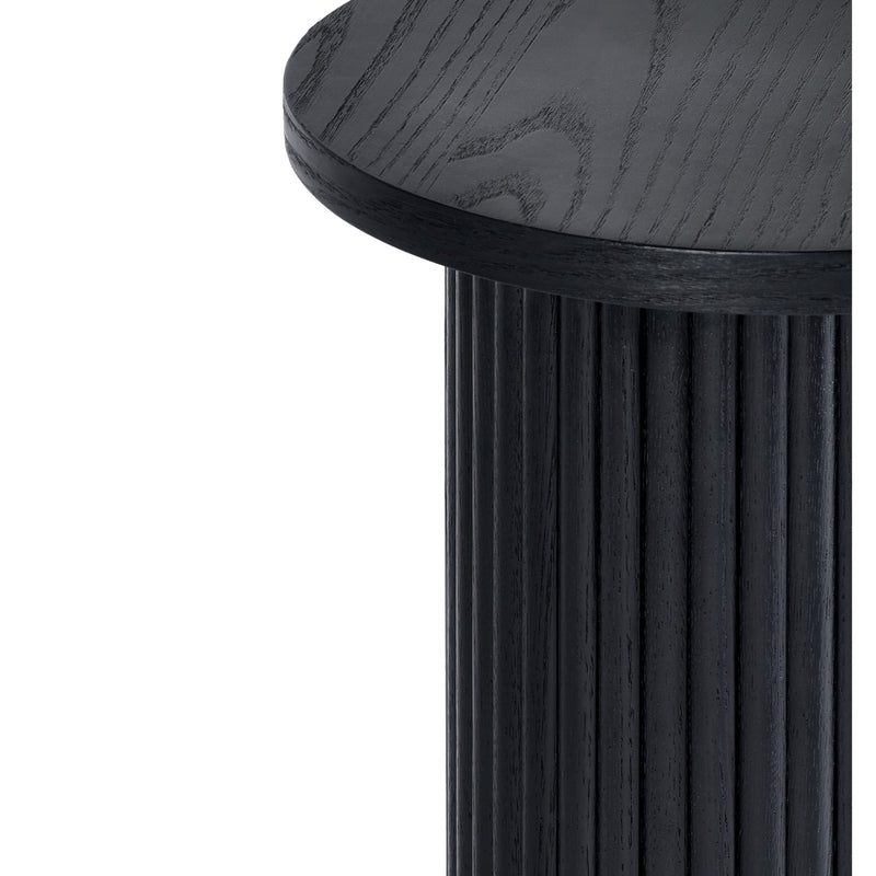 Black cylindrical side table with a round top on a white background