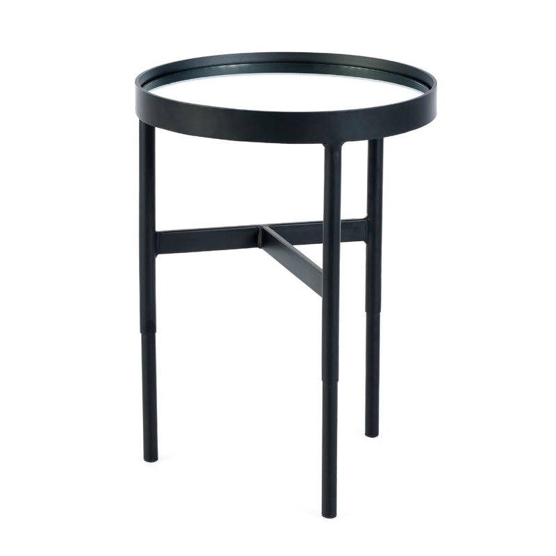 Black metal side table on a white background