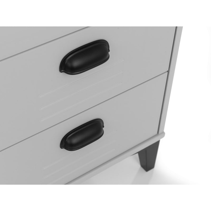 Close-up of a white dresser with black handles on a white background