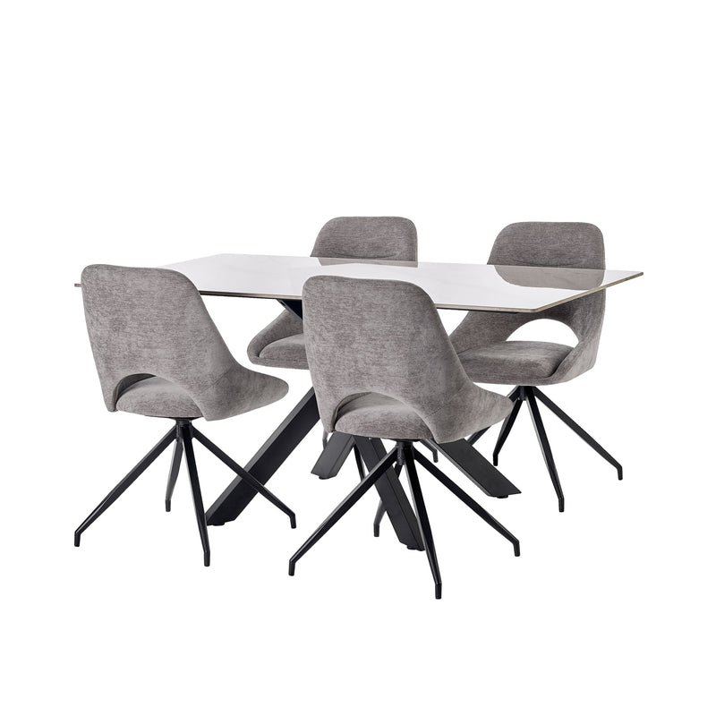 Dining table with four gray chairs on a white background