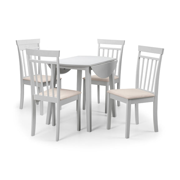 Gray dining table with four matching chairs on a white background