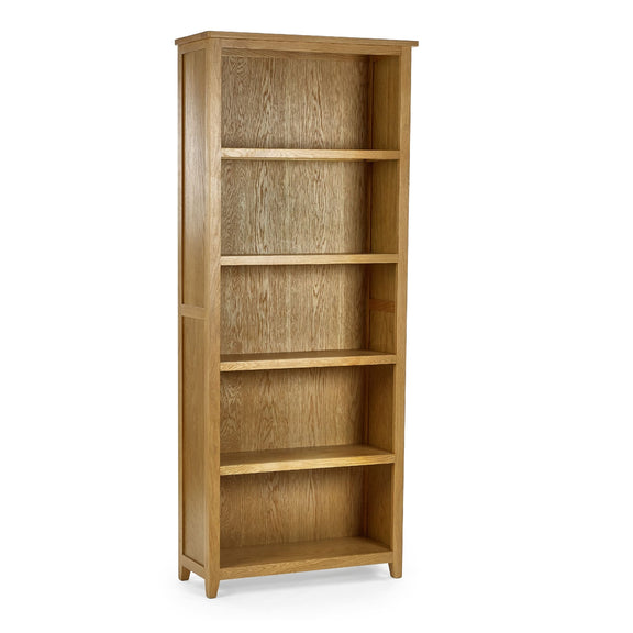 Wooden bookshelf with five shelves on a white background