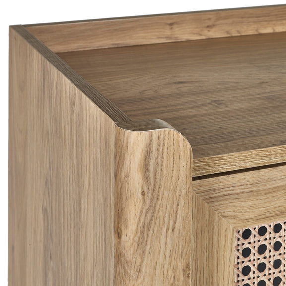 Close-up of a wooden furniture piece with a geometric pattern.