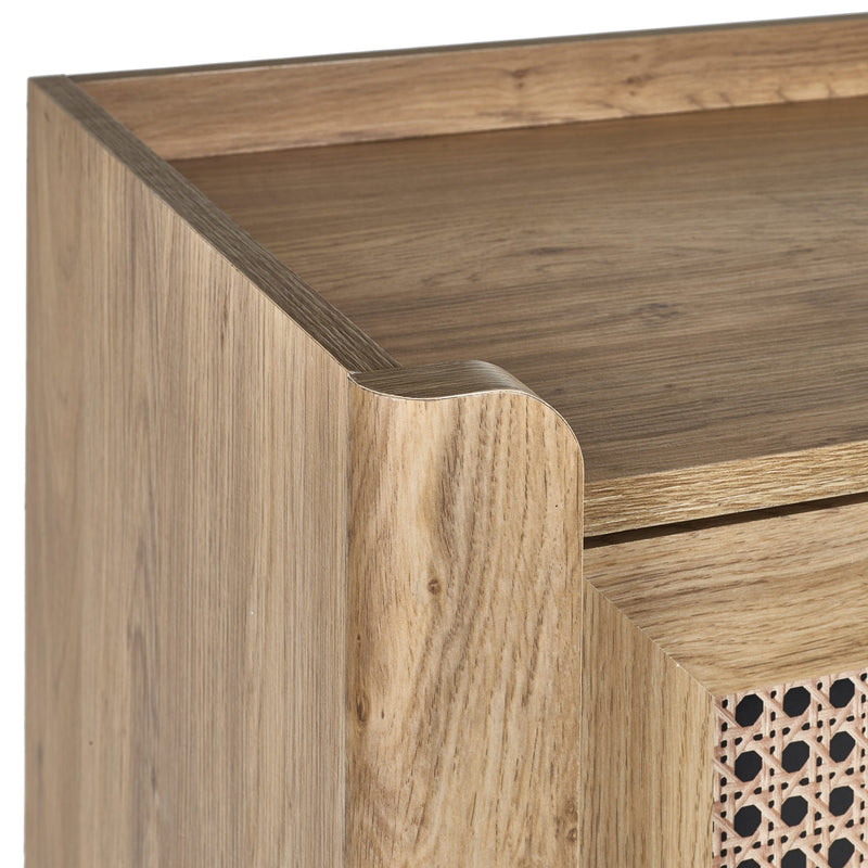 Close-up of a wooden furniture piece with a geometric pattern.