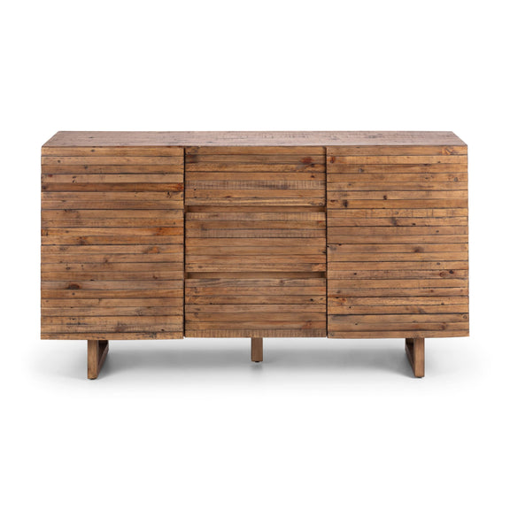 Wooden sideboard with a natural finish on a white background