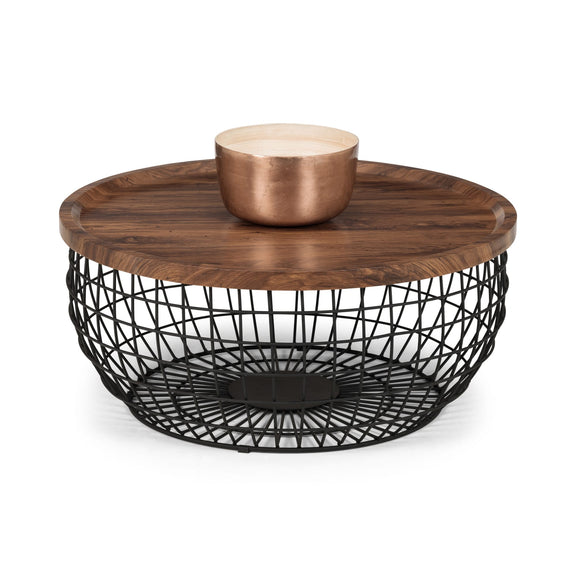 Wooden coffee table with black wire base and bronze bowl on a white background