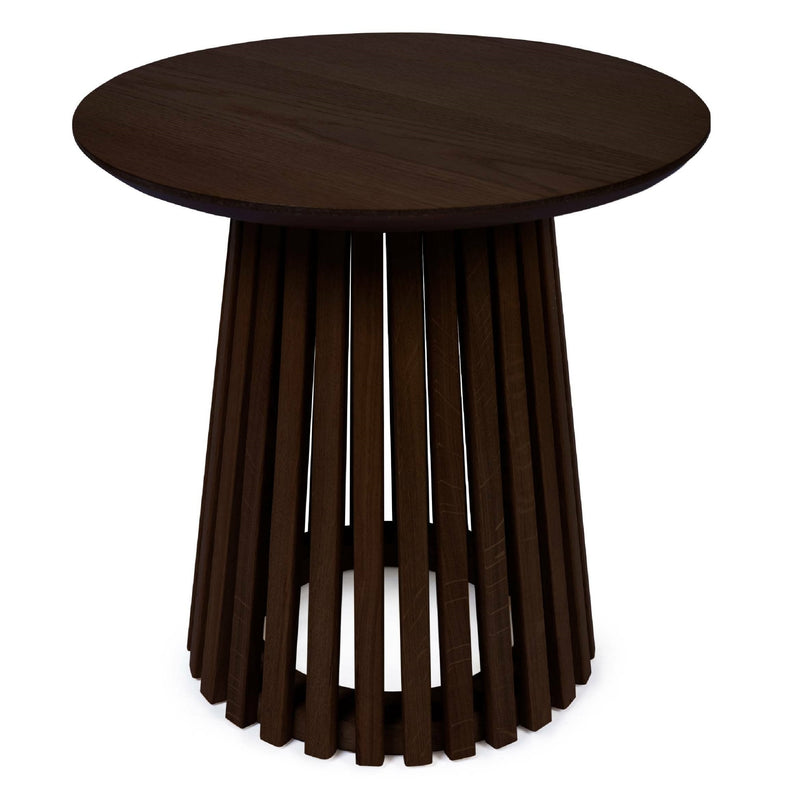 Dark wooden side table with cylindrical base on a white background
