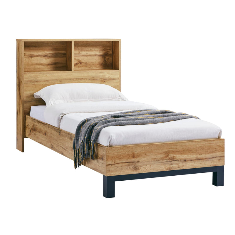 Wooden bed with bookshelves on a white background
